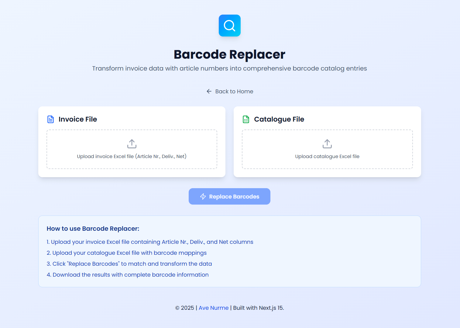 Barcode Replacer interface with file upload sections