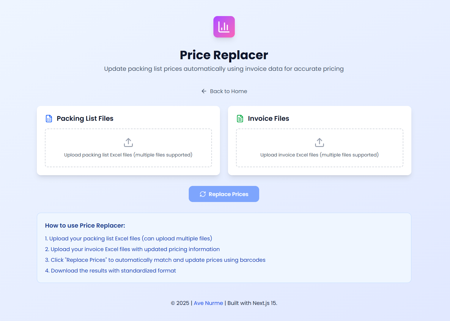 Price Replacer tool with multiple file upload capability