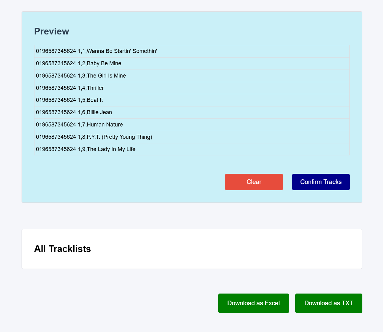 Preview of formatted tracks before confirmation
