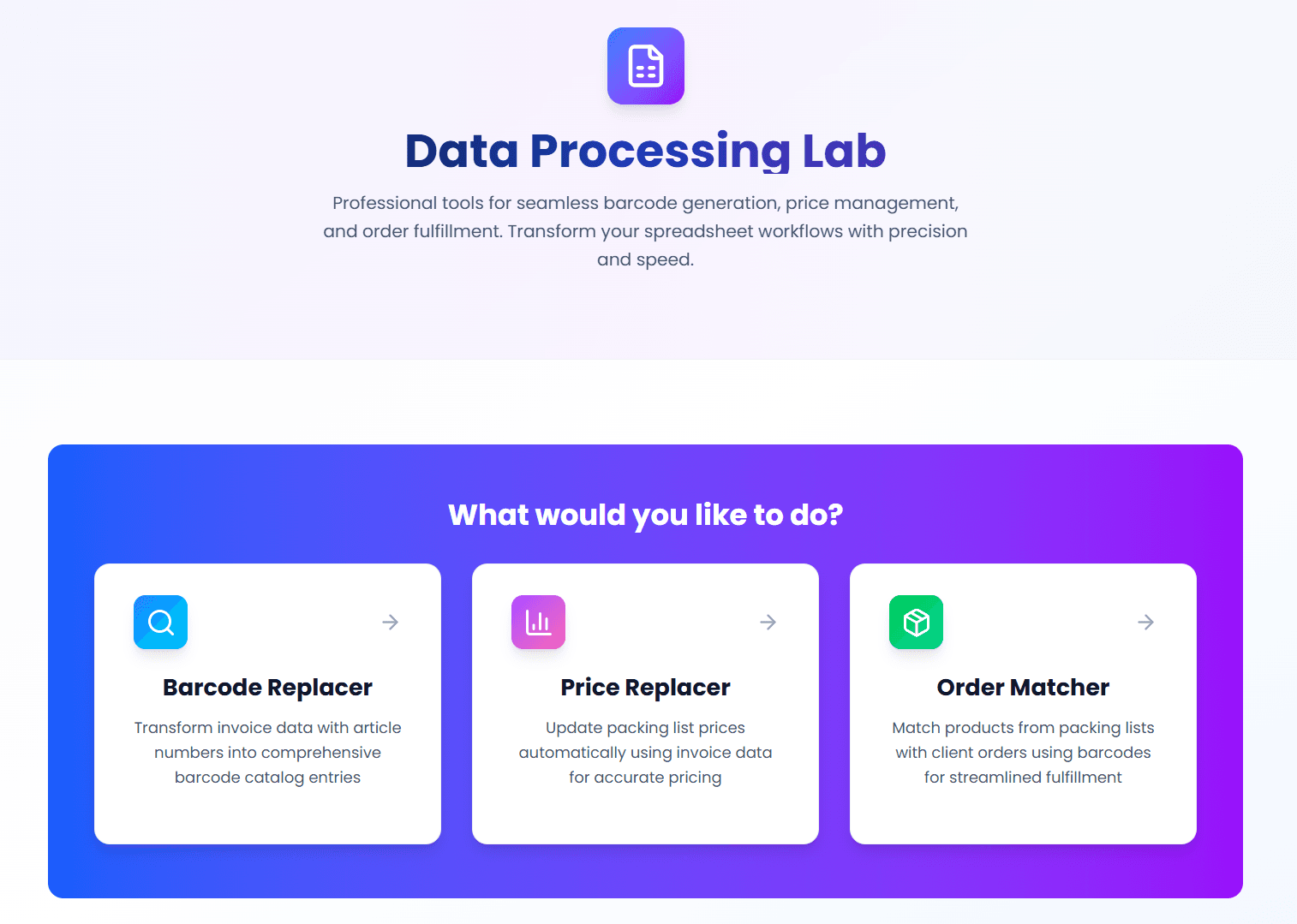 Data Processing Lab main dashboard with three core tools