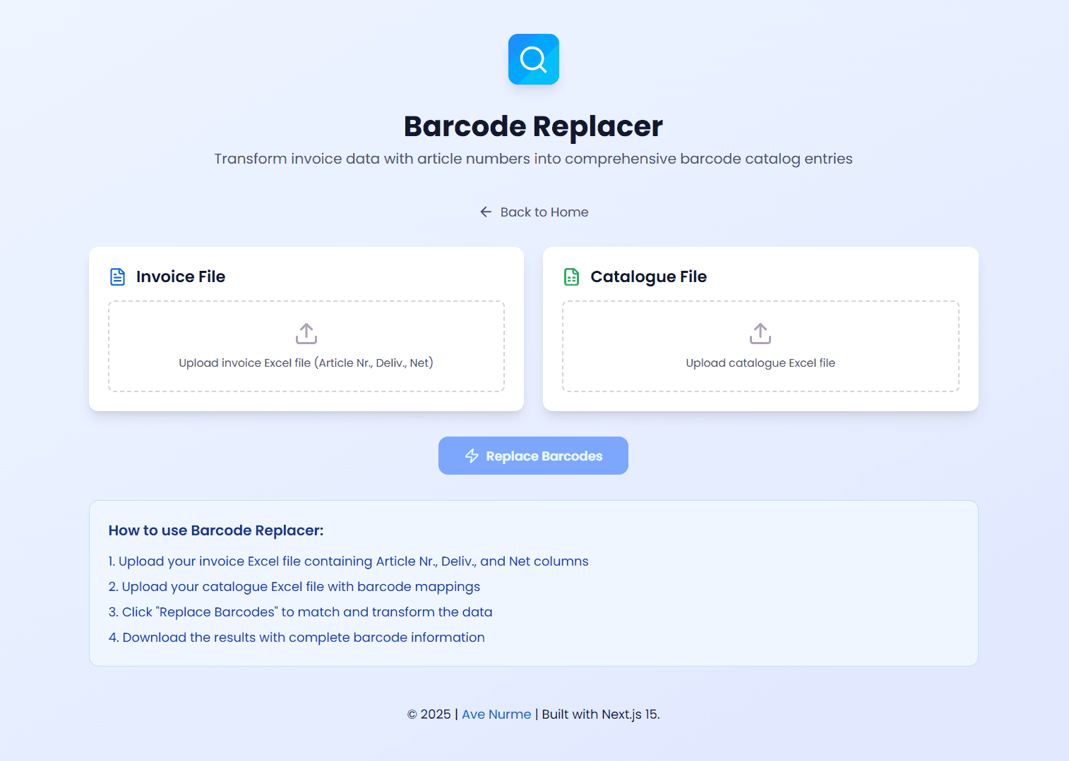 Barcode Replacer interface with file upload sections
