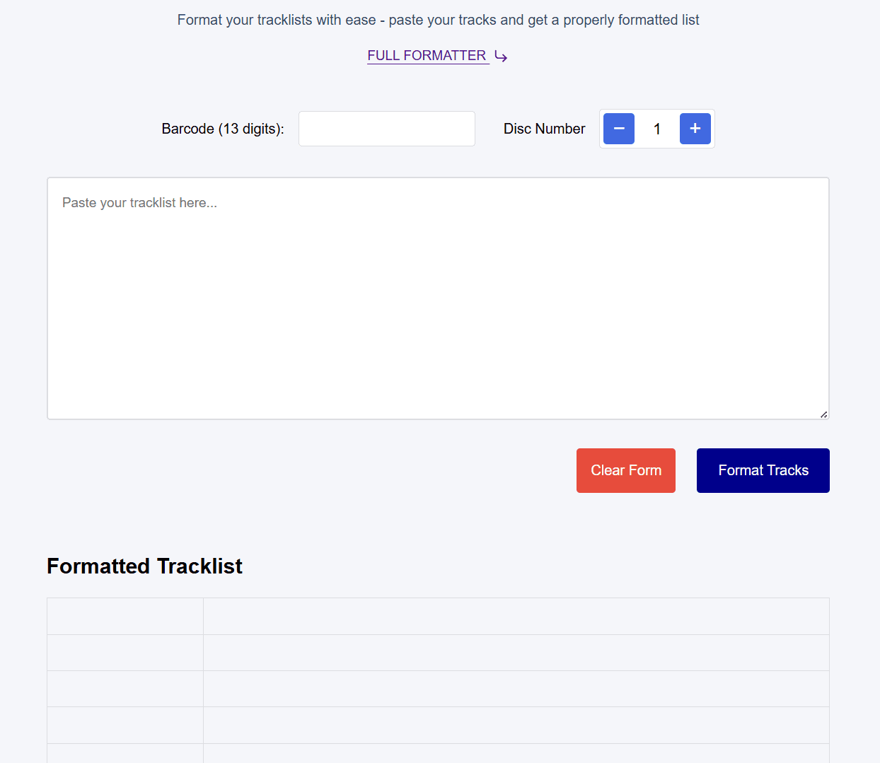 Tracklist formatter input screen