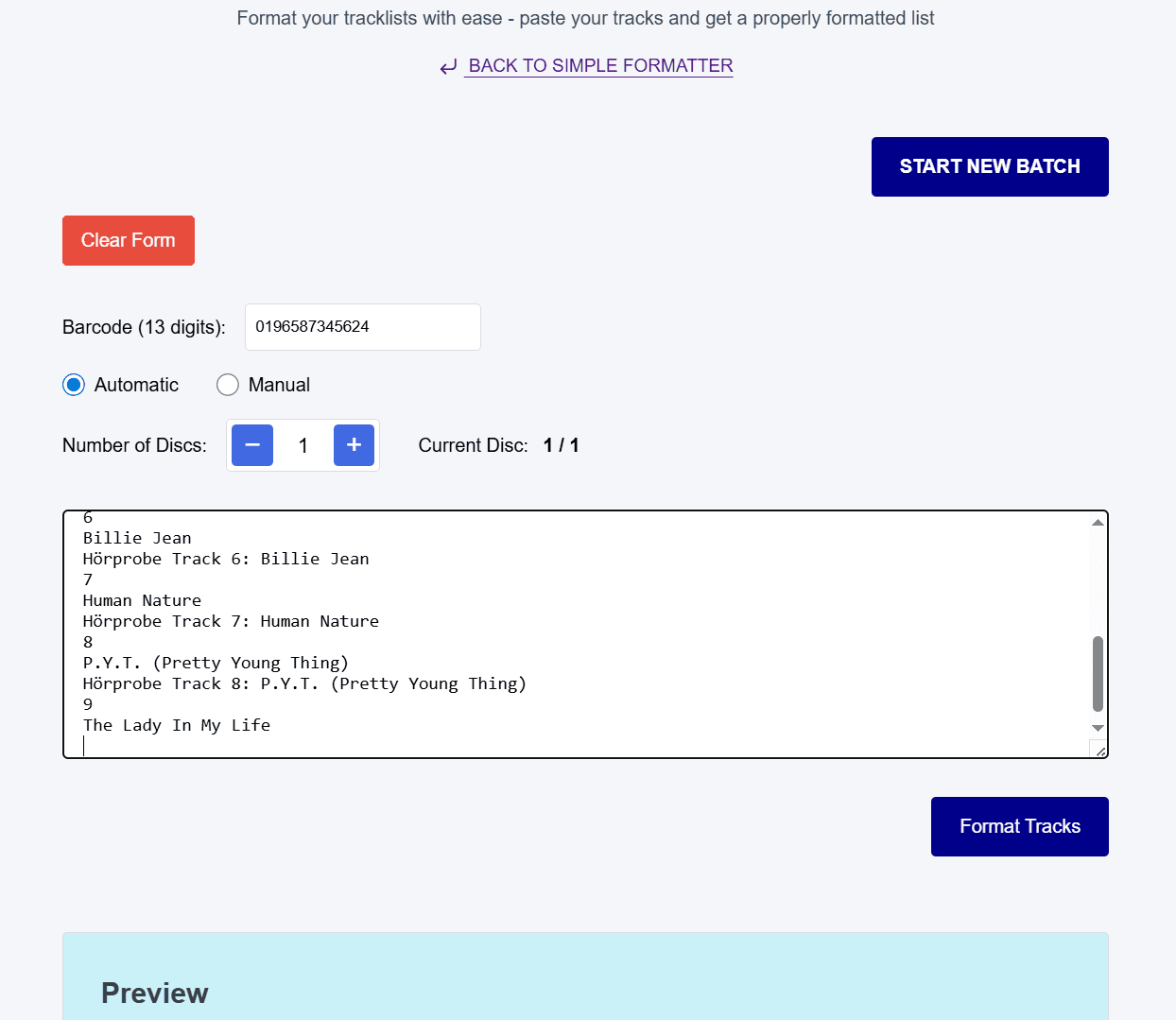 Processing complex tracklist data with preview tracks