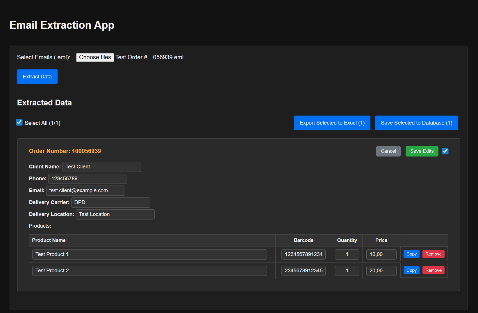 Extracted order data with editing interface and product details