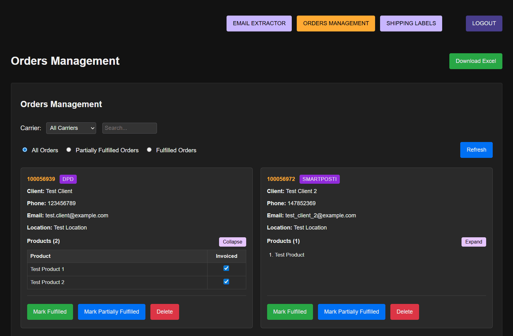 Orders Management interface with filtering and status controls