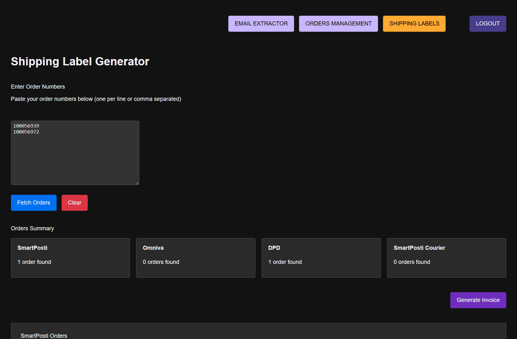 Shipping Label Generator with order number input and carrier summary
