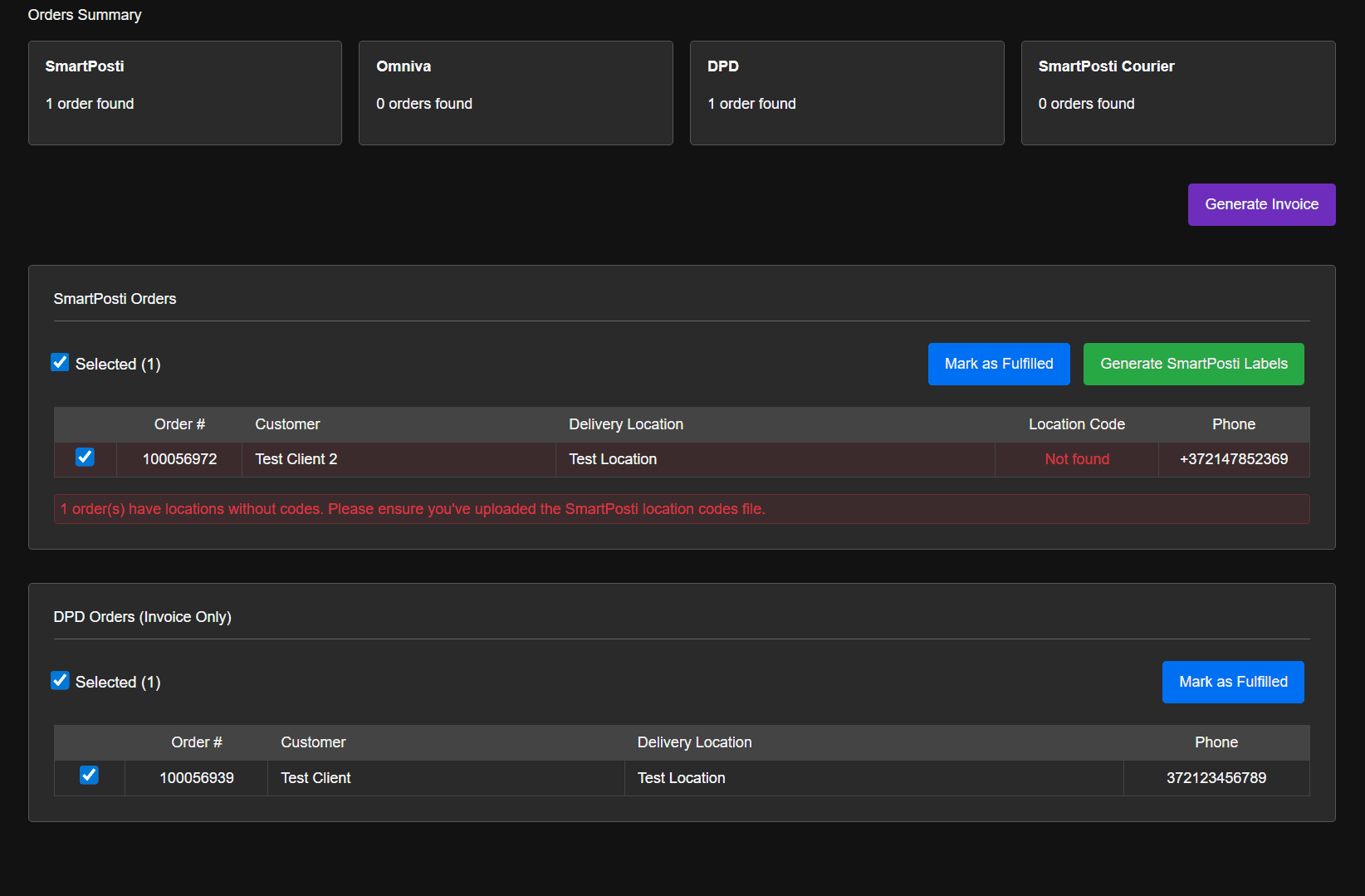 Detailed shipping order breakdown with carrier-specific processing and validation
